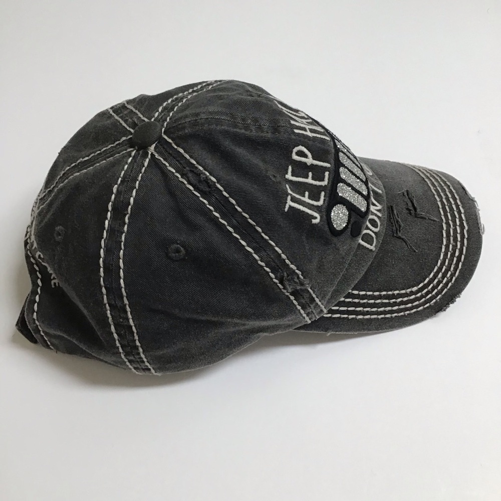 Jeep Hair Don’t Care Baseball Cap Gray Distress Hat Adjust Bling Grille Vintage - Picture 10 of 13